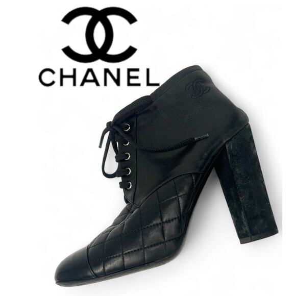 CHANEL boots 9 Matrasse Booties Short Heels Quilted Chunky Lace Up Women 39 - Picture 1 of 10
